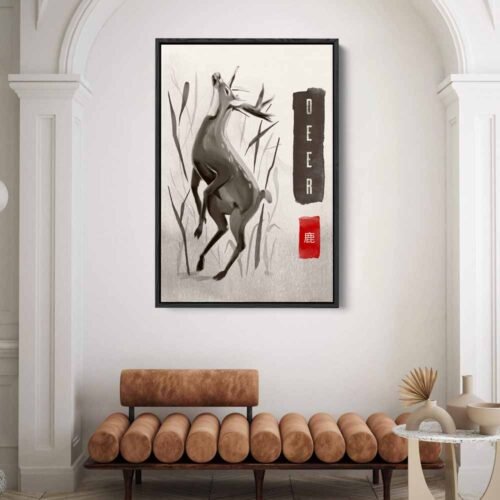 Japanese Sumi-e Deer Canvas Art Print - Minimalist Ink Wash Stag Wall Art - Modern Asian Style Animal Wall Decor - Zen Wildlife Canvas