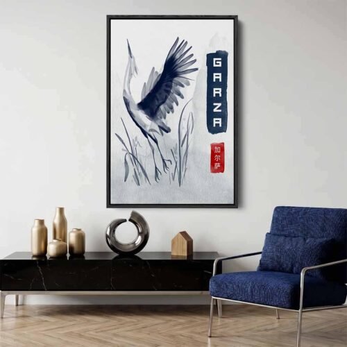 Japanese Sumi-e Heron Canvas Wall Art - Minimalist Ink Wash Bird Artwork - Modern Zen Asian Style Decor - Heron in Flight Garza Print